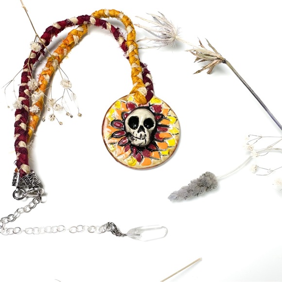 Sculpted Ceramic Skull Necklace with Recycled Silk and Crystal Adjustable Length - Picture 7 of 11